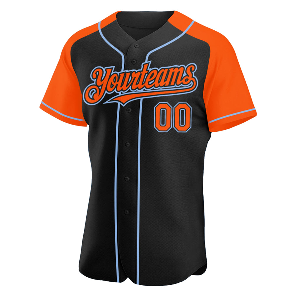 Custom Black Orange-Light Blue Authentic Raglan Sleeves Baseball Jersey