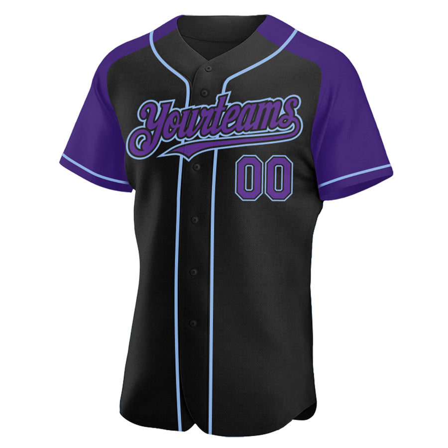 Custom Black Purple-Light Blue Authentic Raglan Sleeves Baseball Jersey
