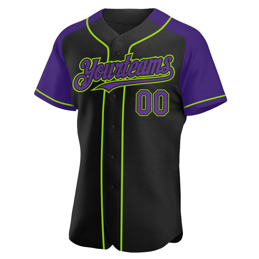 Custom Black Purple-Neon Green Authentic Raglan Sleeves Baseball Jersey
