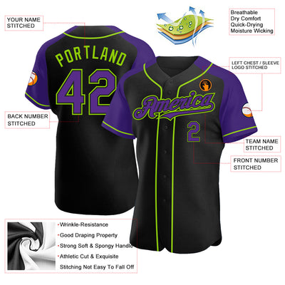 Custom Black Purple-Neon Green Authentic Raglan Sleeves Baseball Jersey