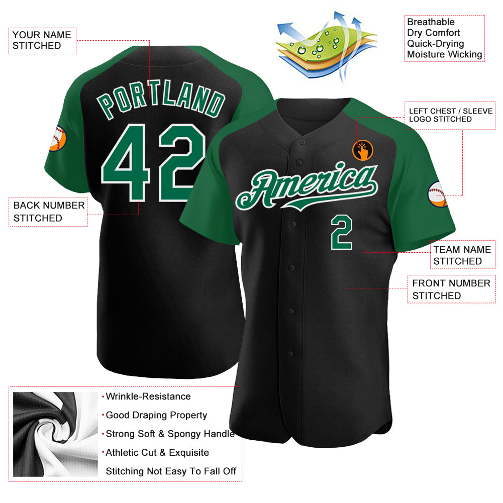 Custom Black Kelly Green-White Authentic Raglan Sleeves Baseball Jersey
