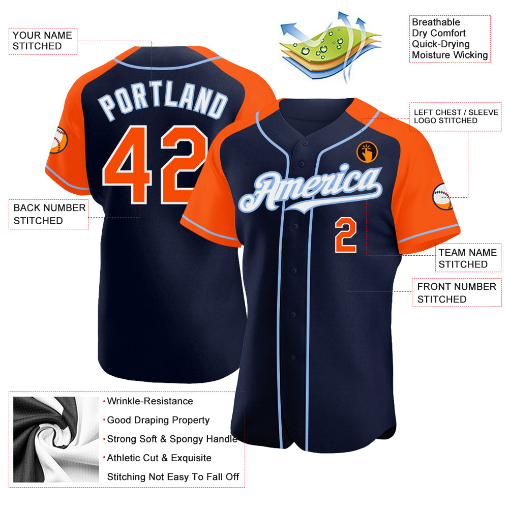 Custom Navy Orange-Light Blue Authentic Raglan Sleeves Baseball Jersey