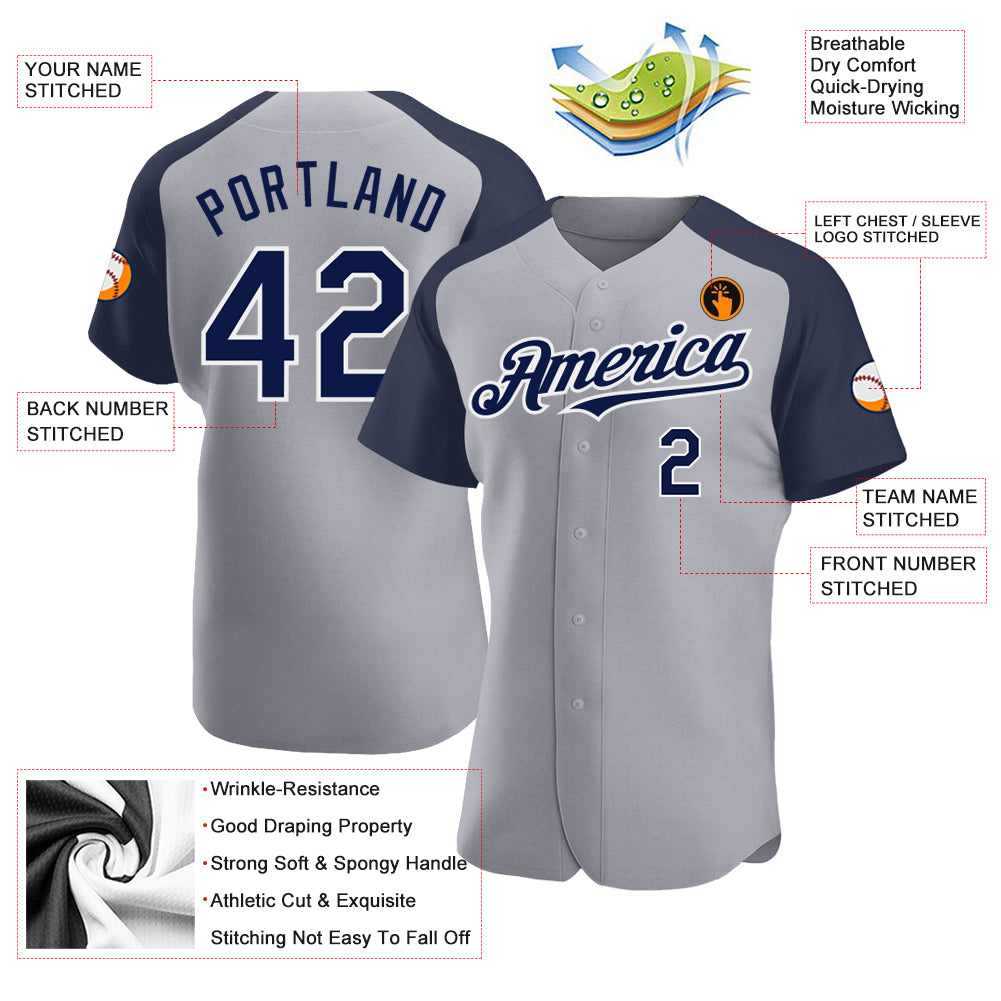 Custom Gray Navy-White Authentic Raglan Sleeves Baseball Jersey