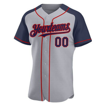 Custom Gray Navy-Red Authentic Raglan Sleeves Baseball Jersey