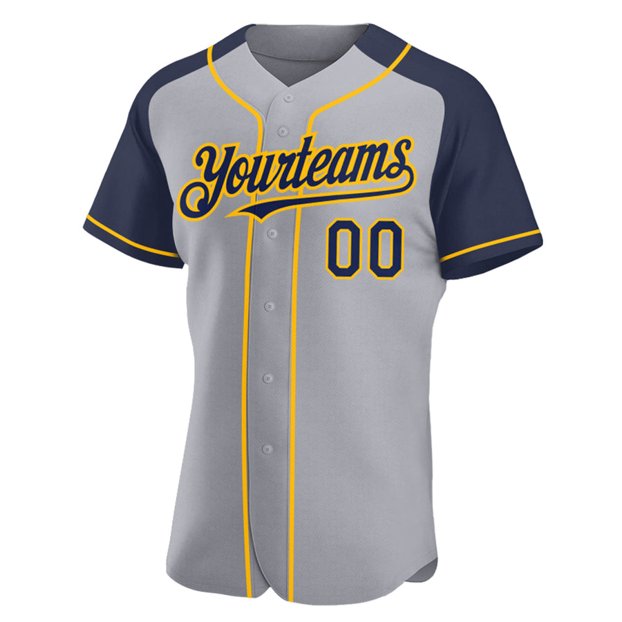 Custom Gray Navy-Gold Authentic Raglan Sleeves Baseball Jersey