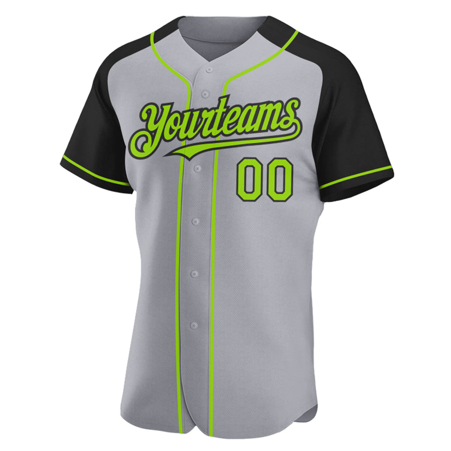 Custom Gray Neon Green-Black Authentic Raglan Sleeves Baseball Jersey