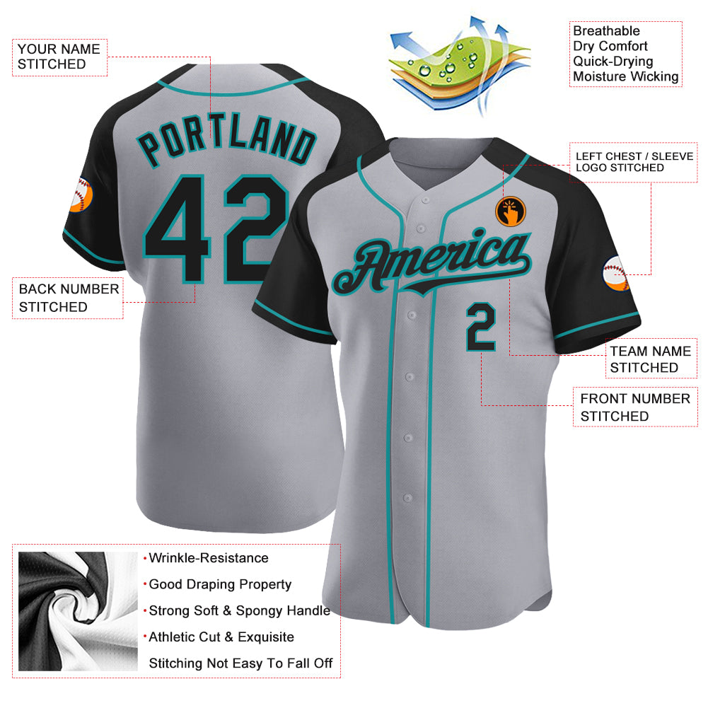 Custom Gray Black-Teal Authentic Raglan Sleeves Baseball Jersey