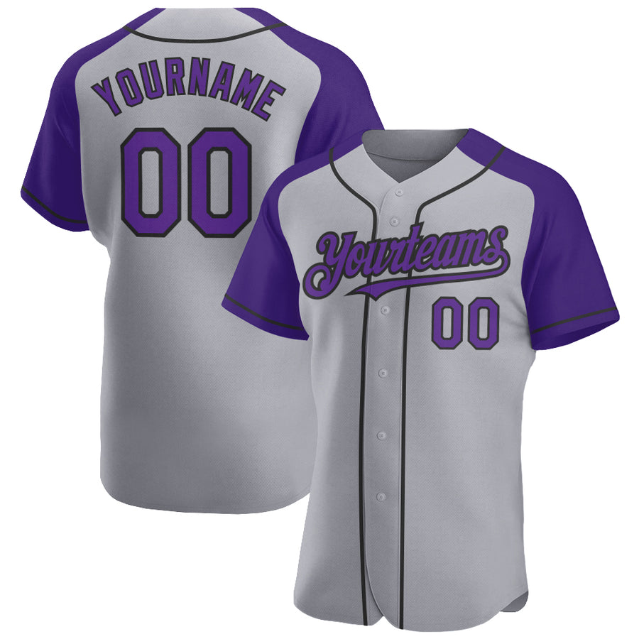 Custom Gray Purple-Black Authentic Raglan Sleeves Baseball Jersey