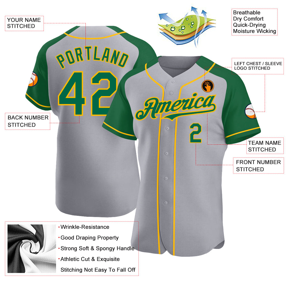Custom Gray Kelly Green-Gold Authentic Raglan Sleeves Baseball Jersey