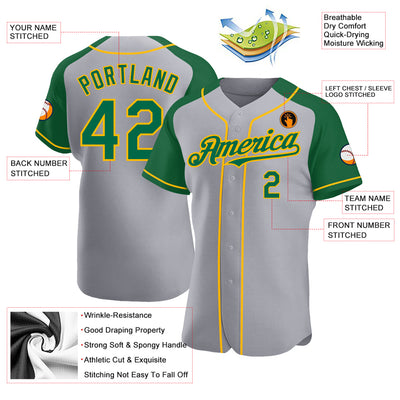 Custom Gray Kelly Green-Gold Authentic Raglan Sleeves Baseball Jersey
