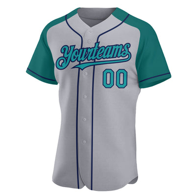 Custom Gray Teal-Navy Authentic Raglan Sleeves Baseball Jersey