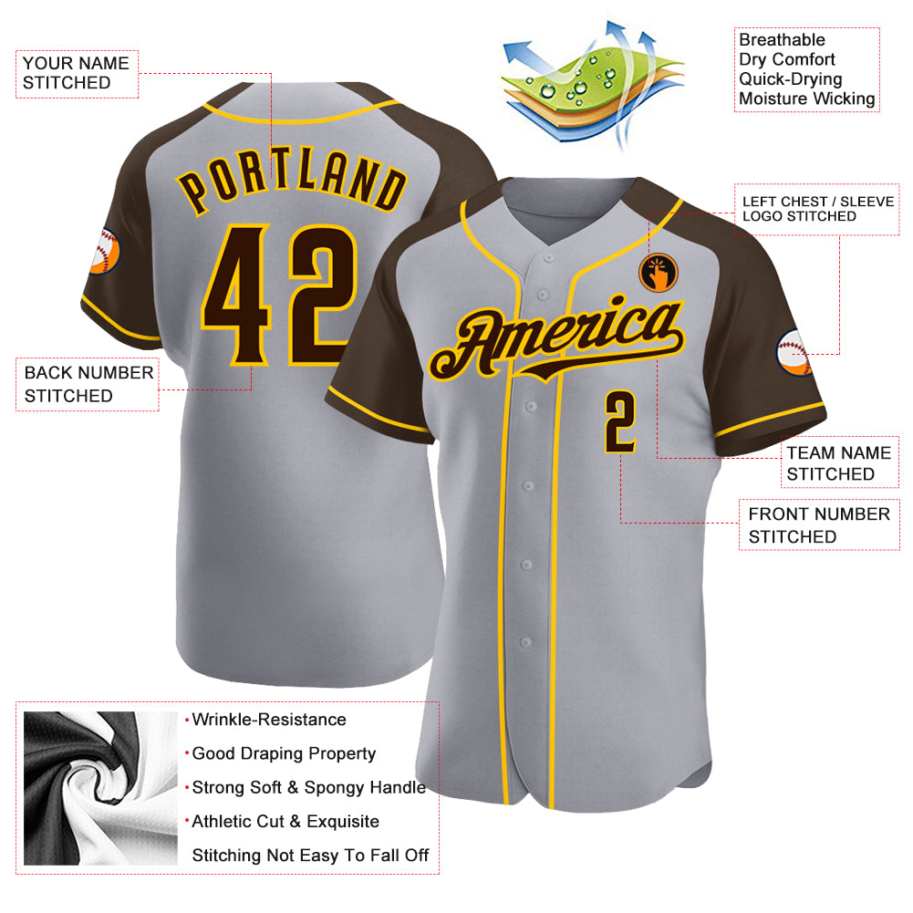 Custom Gray Brown-Yellow Authentic Raglan Sleeves Baseball Jersey