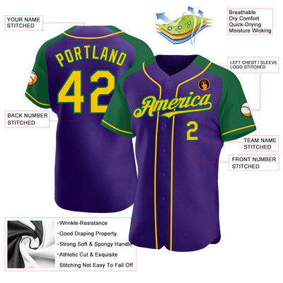 Custom Purple Yellow-Kelly Green Authentic Raglan Sleeves Baseball Jersey