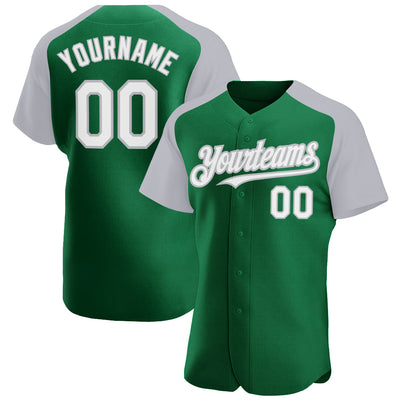 Custom Kelly Green White-Gray Authentic Raglan Sleeves Baseball Jersey