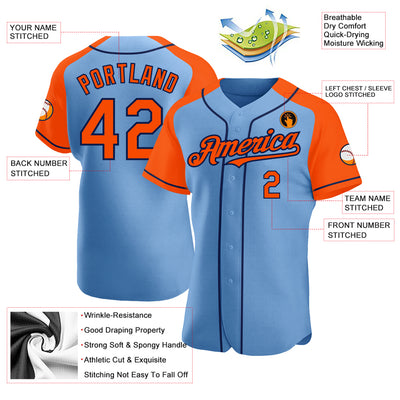 Custom Light Blue Orange-Navy Authentic Raglan Sleeves Baseball Jersey
