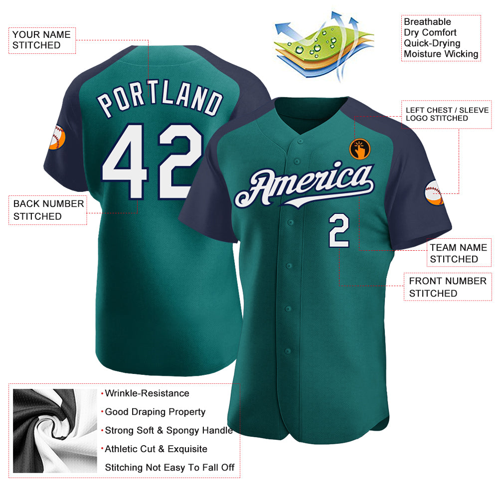 Custom Teal White-Navy Authentic Raglan Sleeves Baseball Jersey