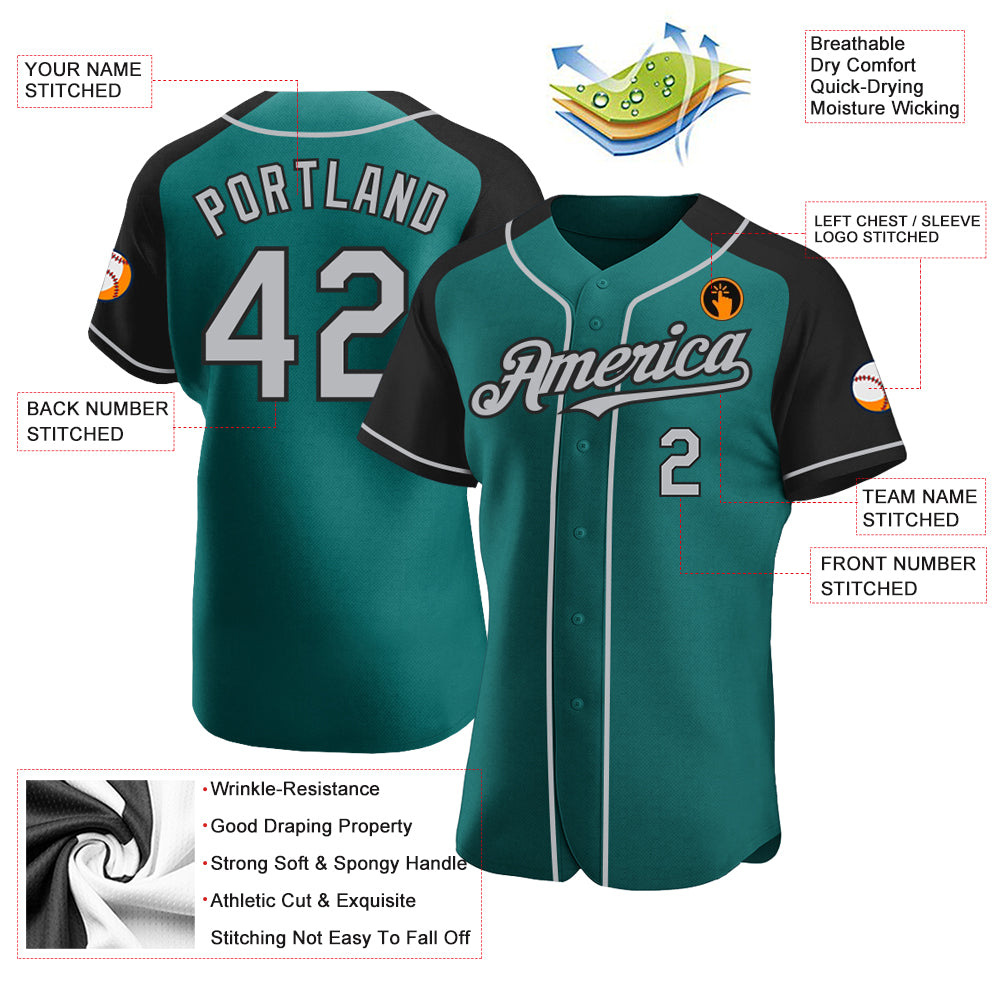 Custom Teal Gray-Black Authentic Raglan Sleeves Baseball Jersey