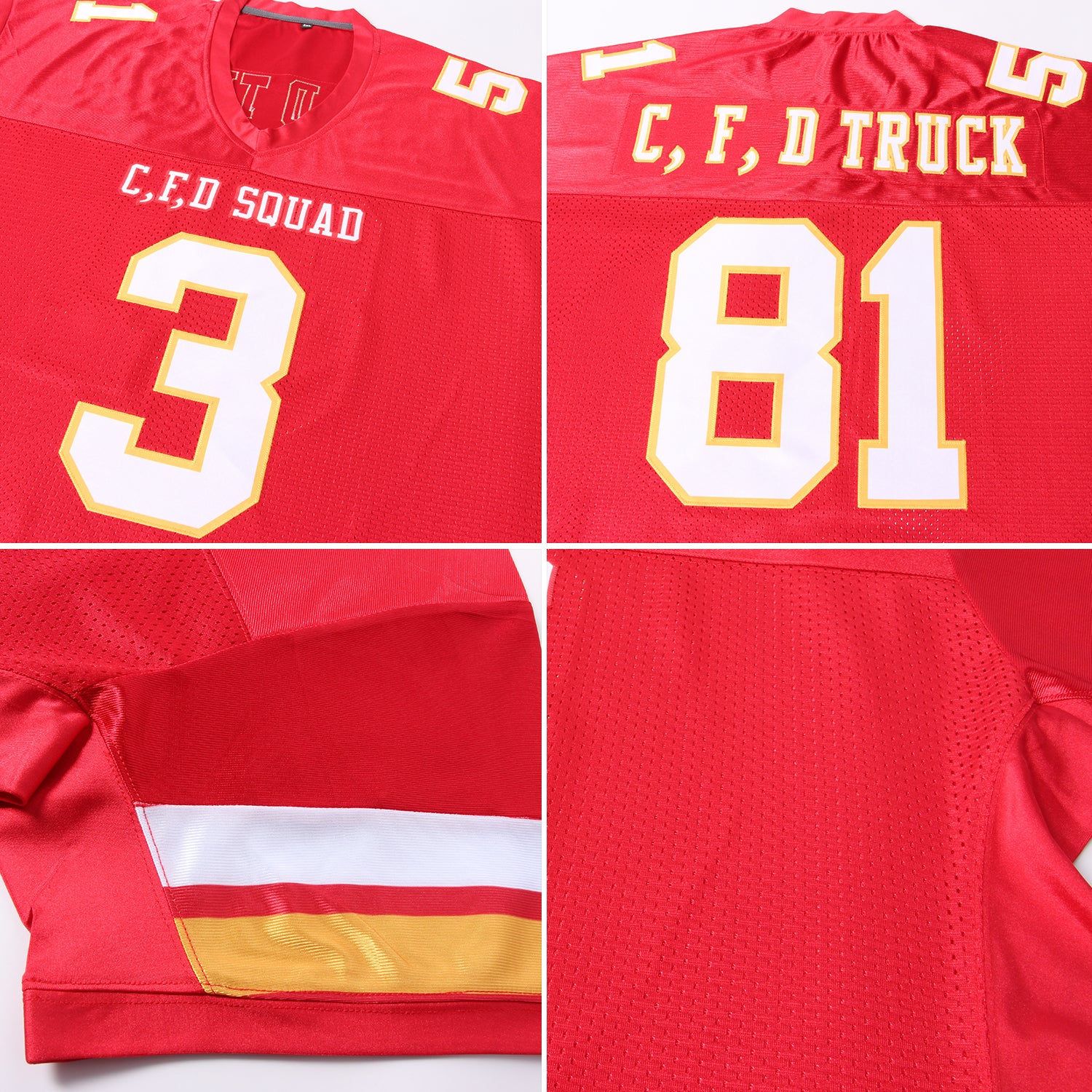 Custom Red Football Jersey White-Gold Mesh Authentic - FansIdea