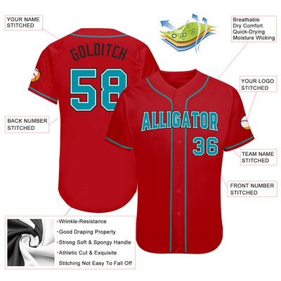 Custom Red Teal-Black Authentic Baseball Jersey