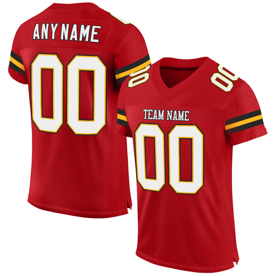 Custom Red White-Gold Mesh Authentic Football Jersey