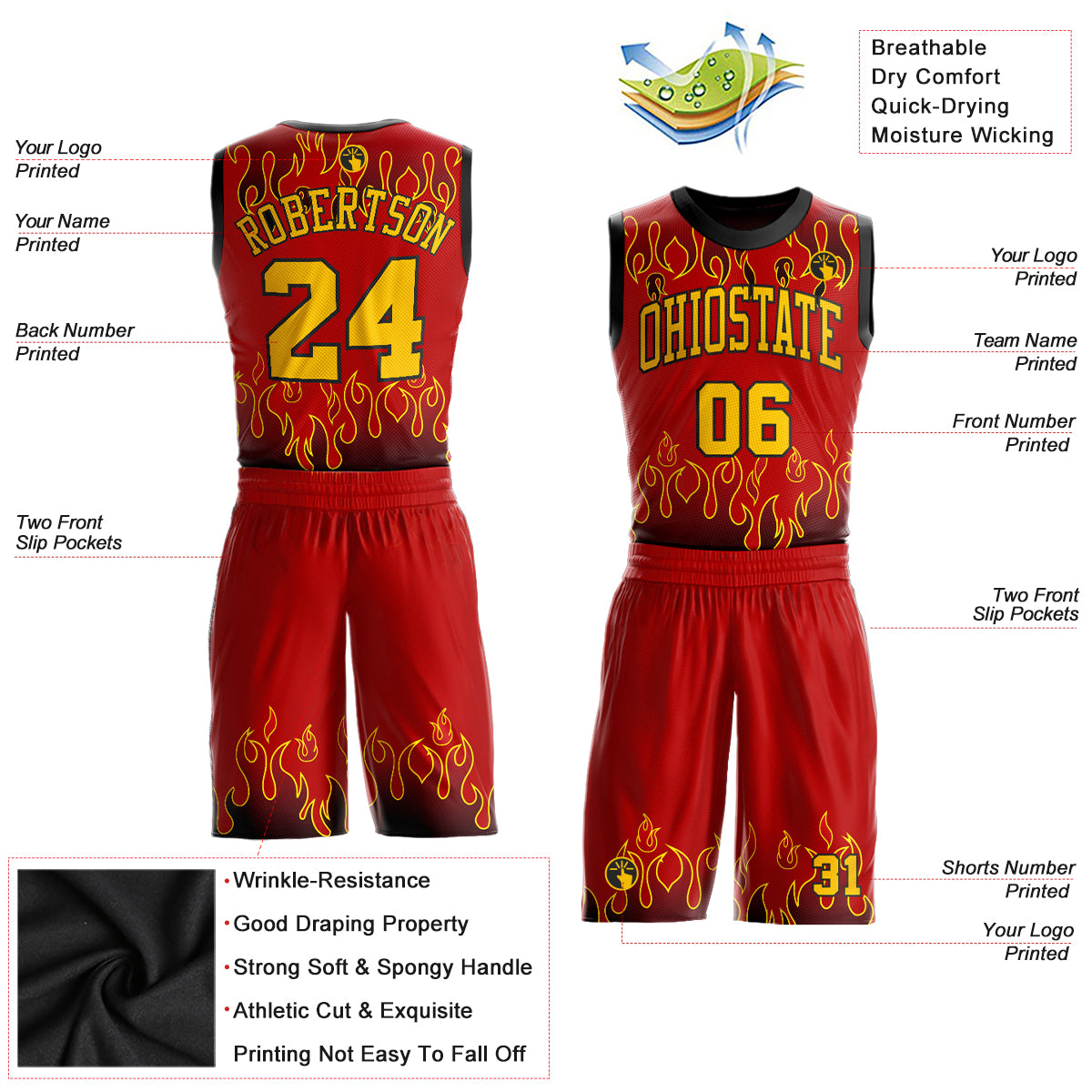 FANSIDEA Custom Red Gold-Black Flame Round Neck Sublimation Basketball Suit Jersey Men's Size:M