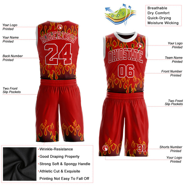 Custom Suit Basketball Suit Jersey Red Red-Black Flame Round Neck Sublimation  Basketball Jersey - FansIdea