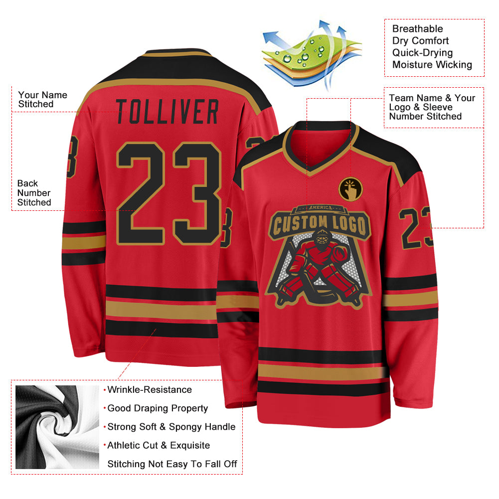 Custom Red Black-Old Gold Hockey Jersey