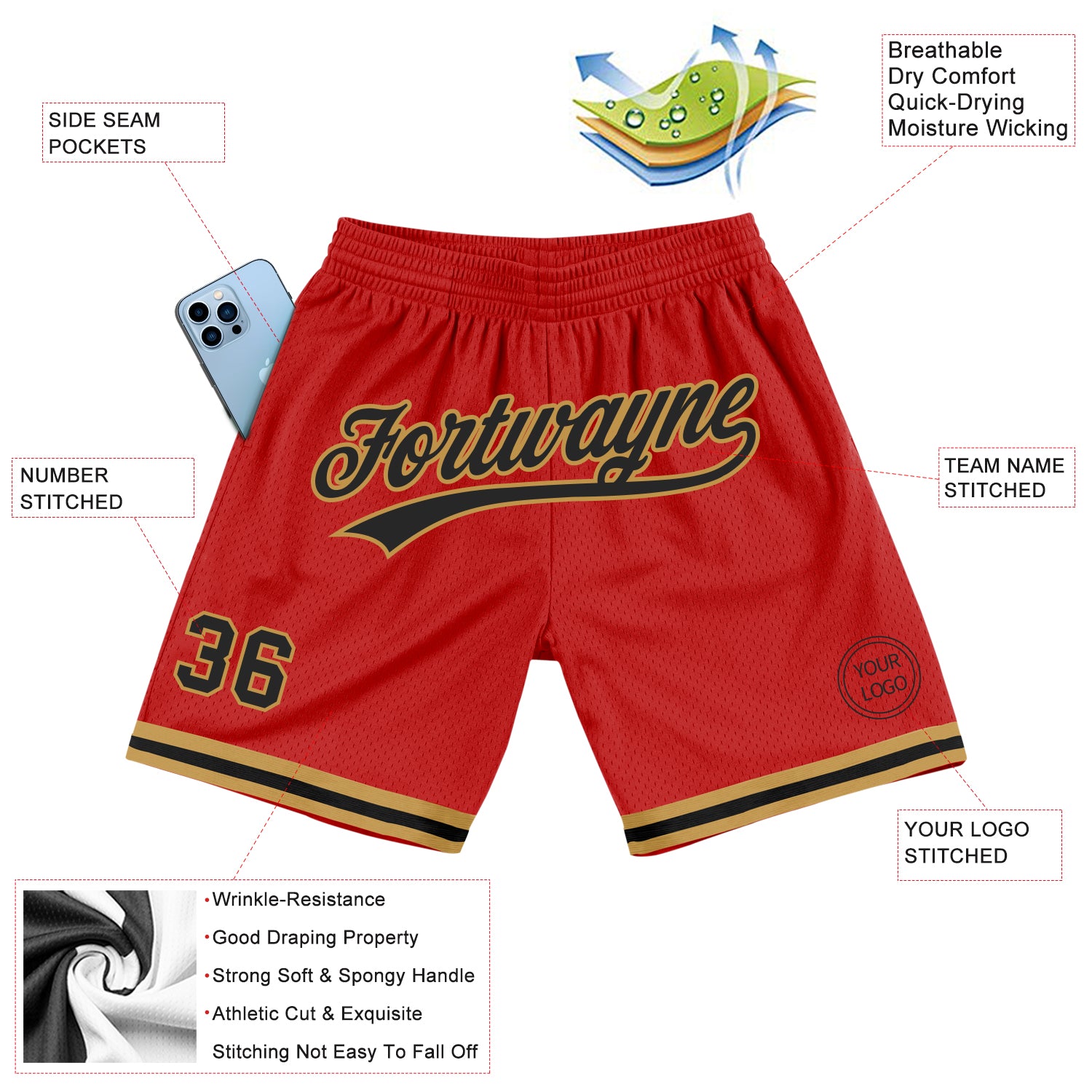 Custom Red Black-Old Gold Authentic Throwback Basketball Shorts