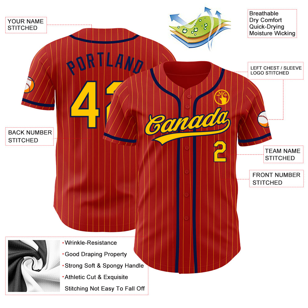 Custom Red Yellow Pinstripe Navy Authentic Baseball Jersey