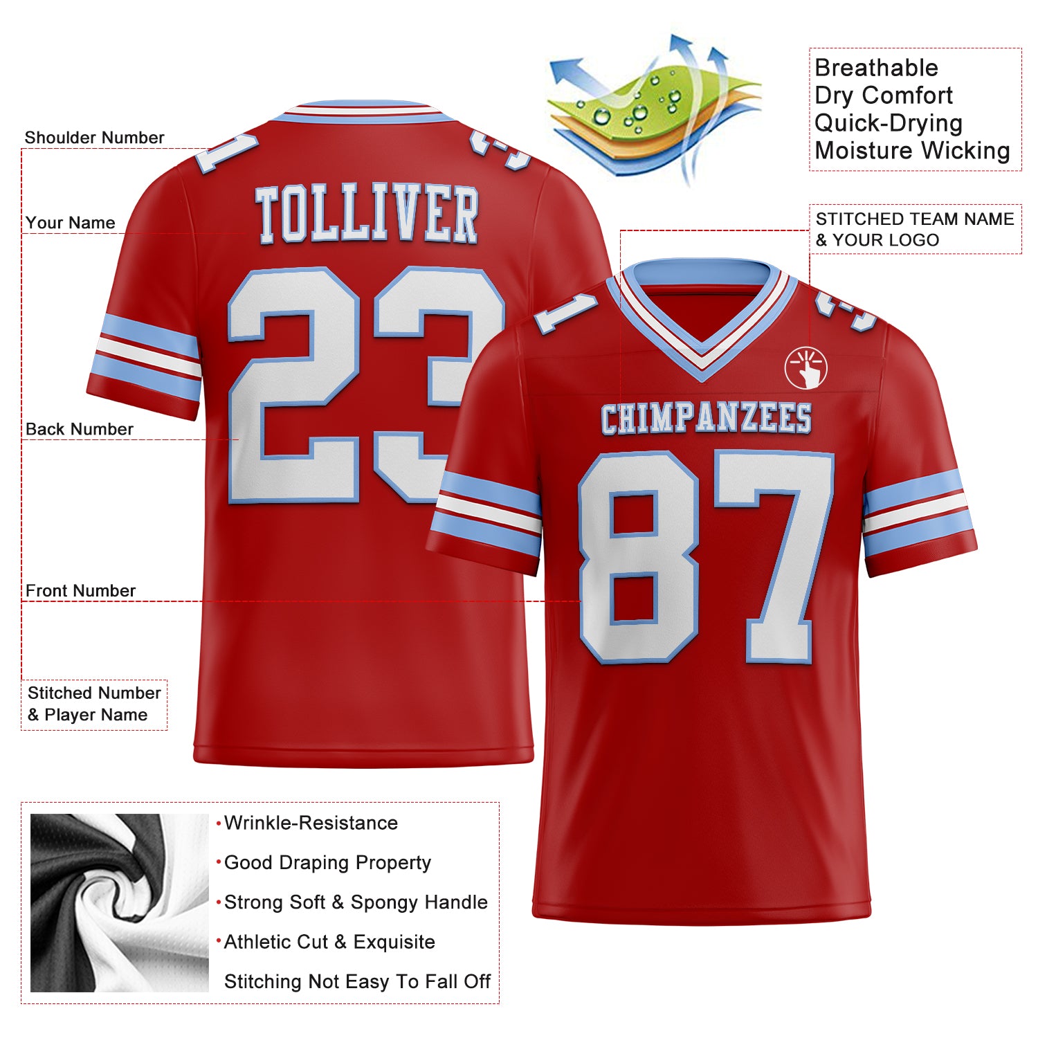 Custom Red White-Light Blue Authentic Football Jersey