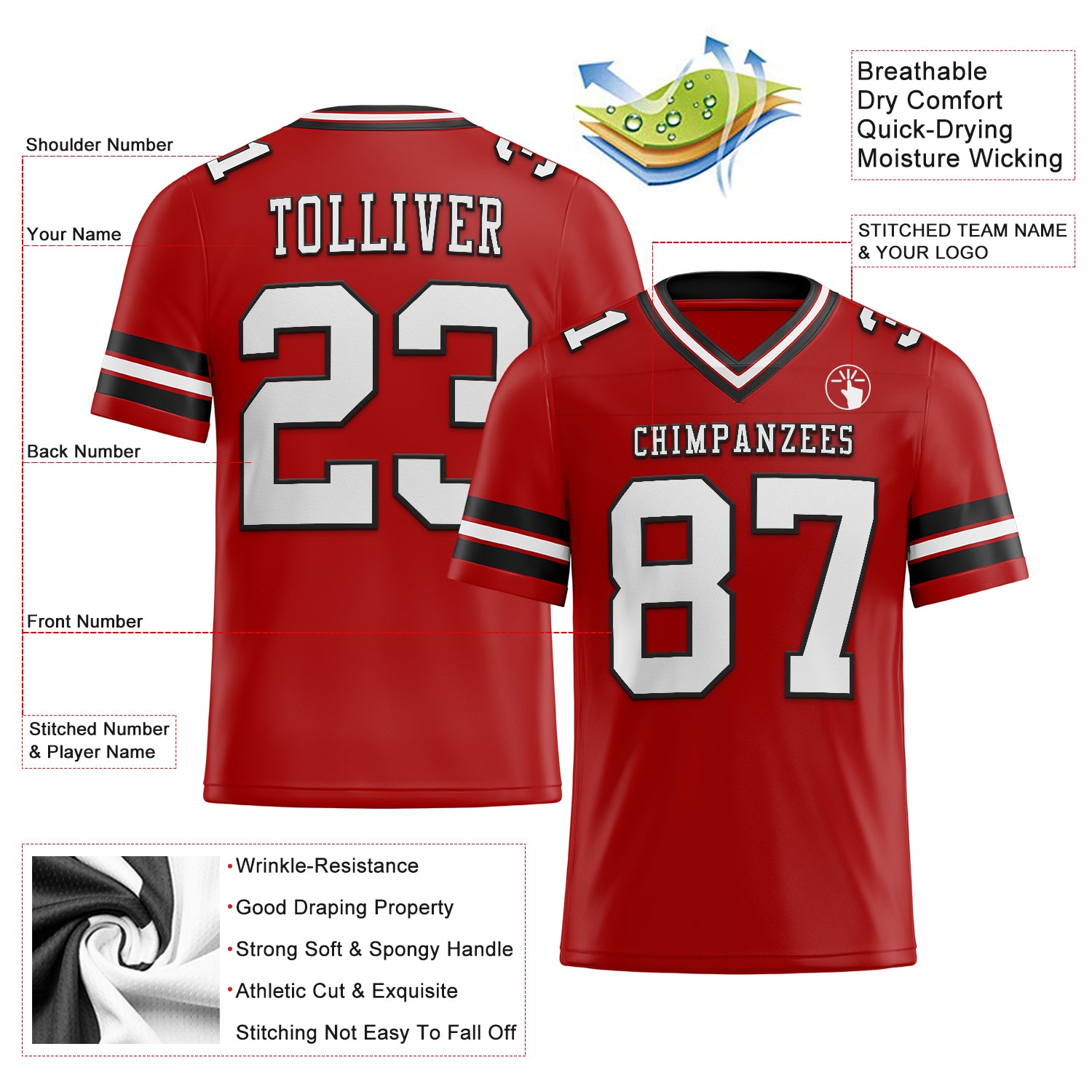 Custom Red White-Black Authentic Football Jersey