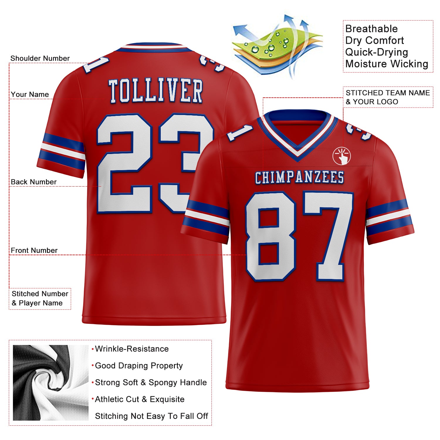 Custom Red White-Royal Authentic Football Jersey