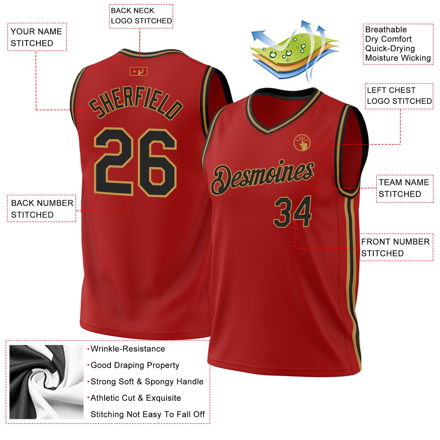 Custom Red Black-Old Gold Authentic Throwback Basketball Jersey