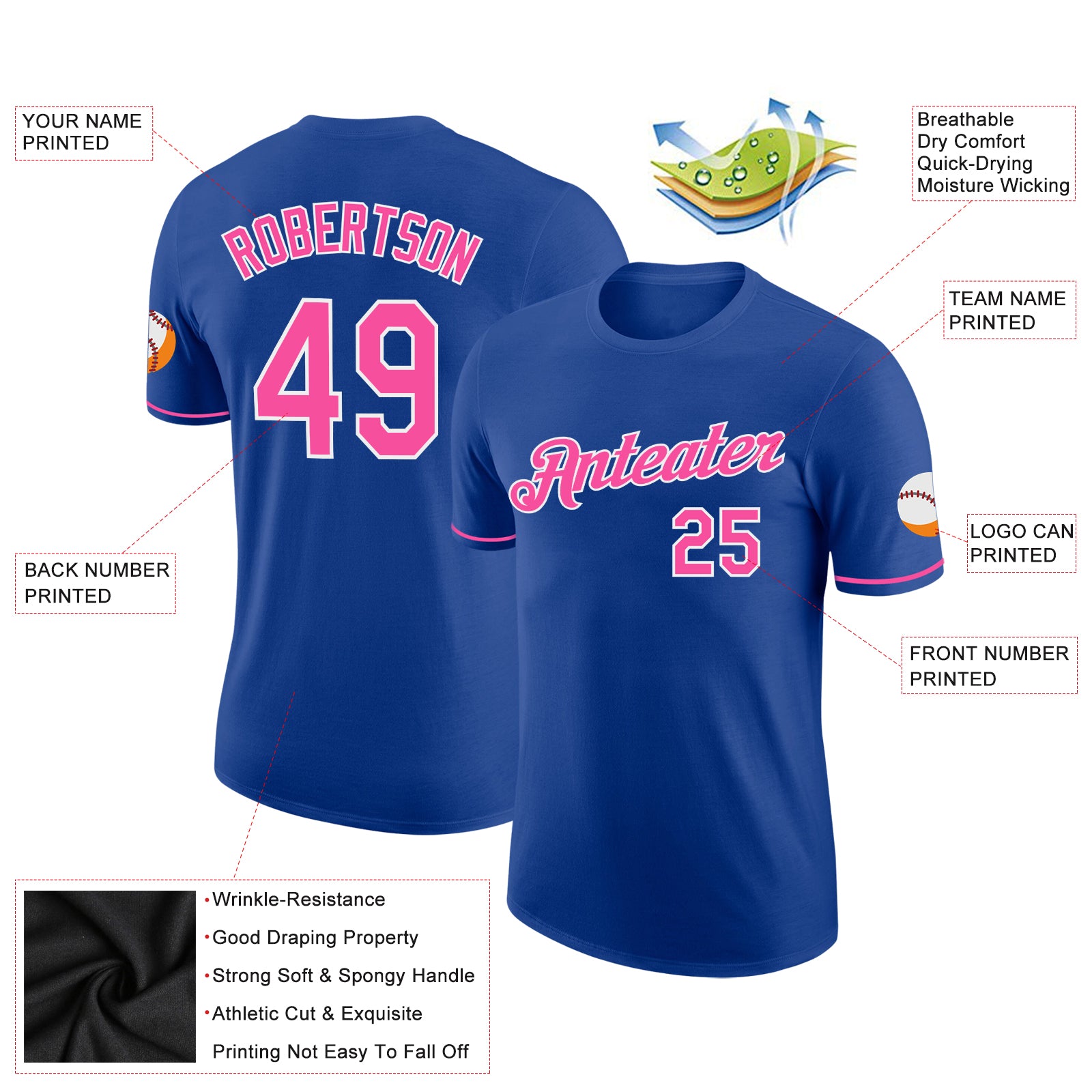 Custom Royal Pink-White Performance T-Shirt