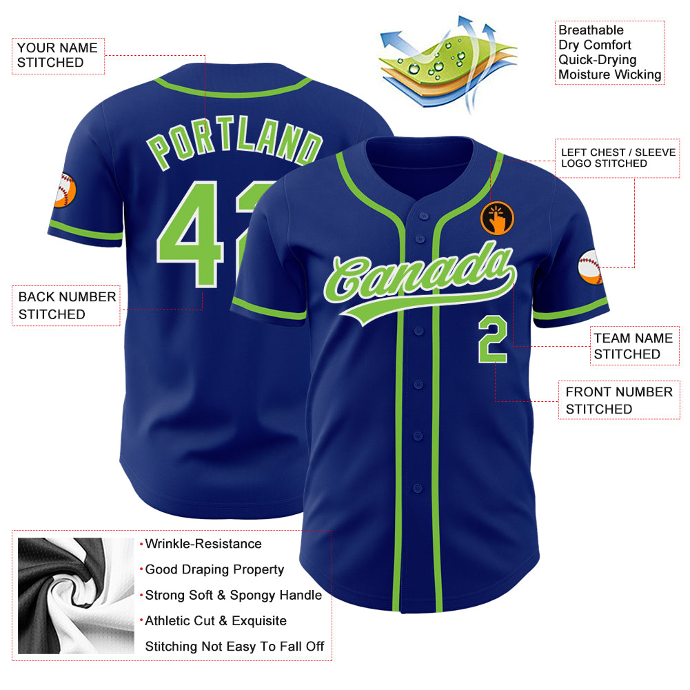 Custom Royal Neon Green-White Authentic Baseball Jersey