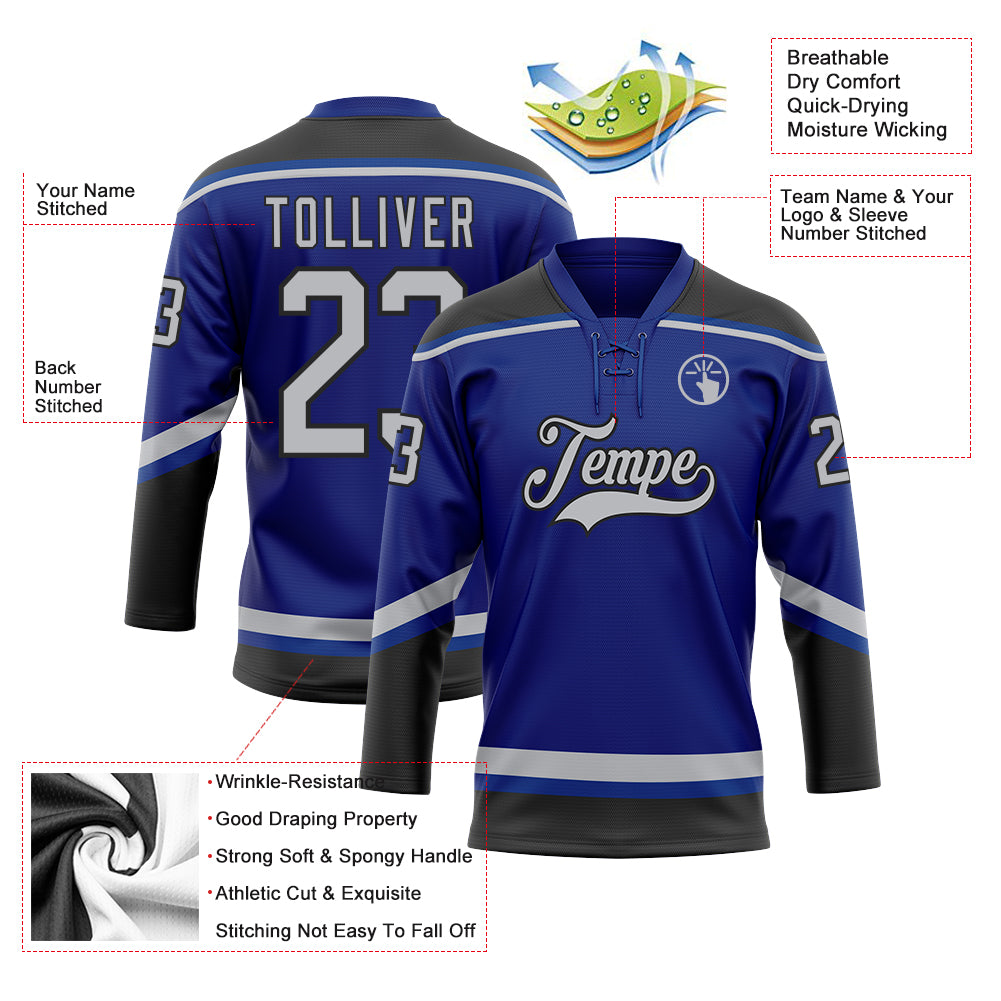 Custom Royal Gray-Black Hockey Lace Neck Jersey