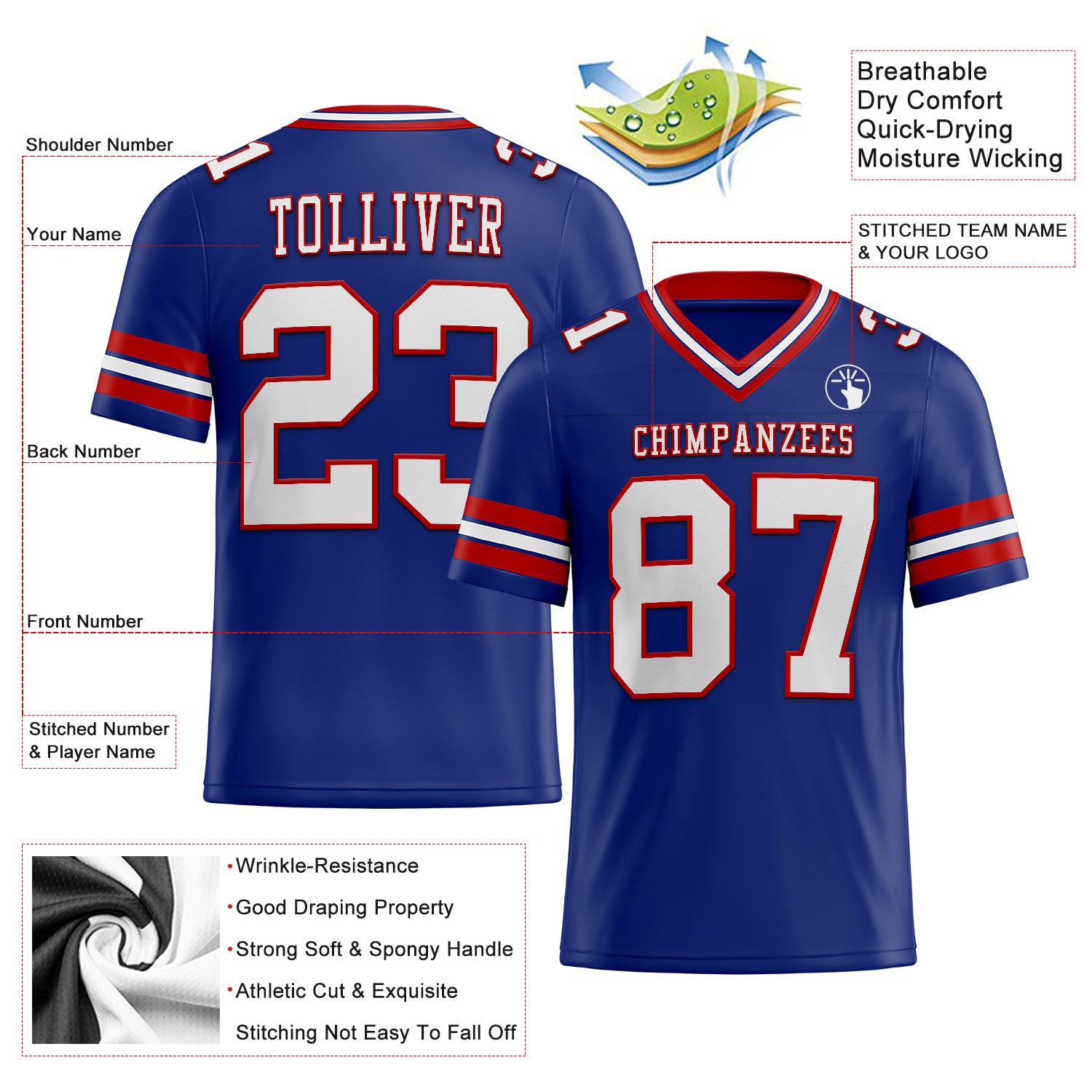 Custom Royal White-Red Authentic Football Jersey