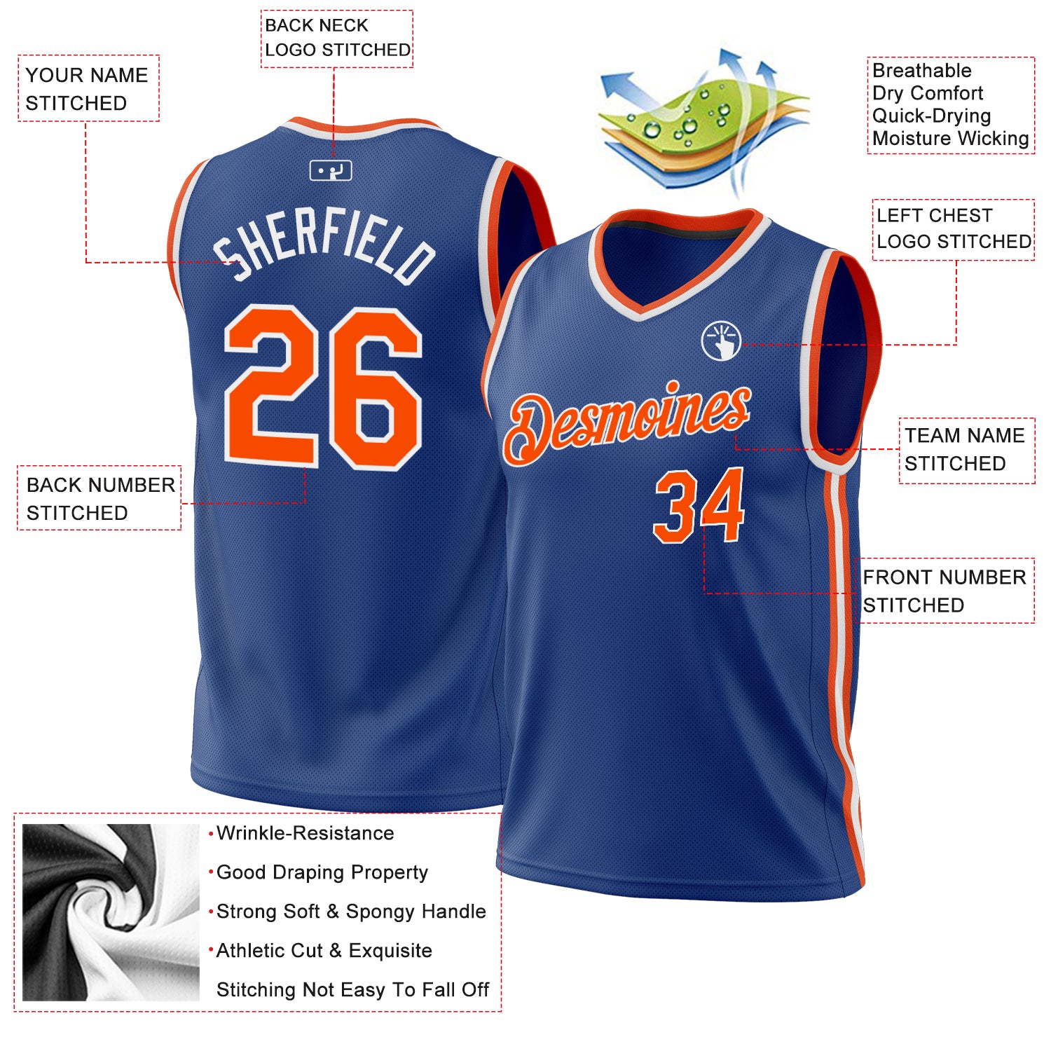 Custom Royal Orange-White Authentic Throwback Basketball Jersey