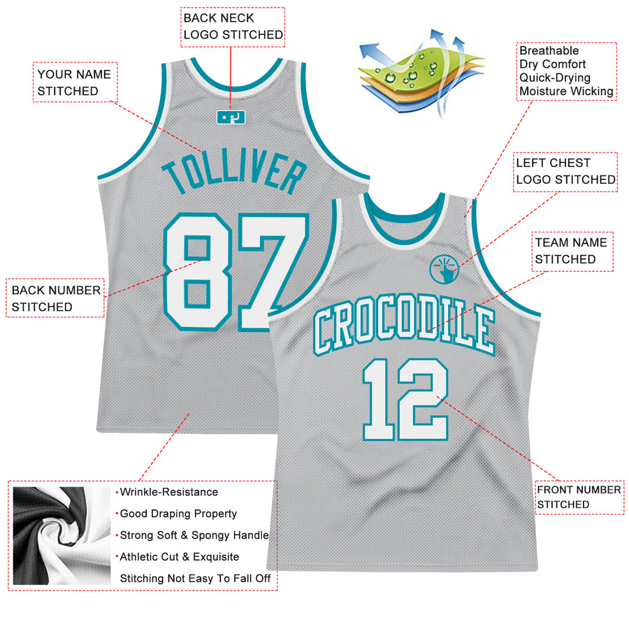 Custom Gray White-Teal Authentic Throwback Basketball Jersey