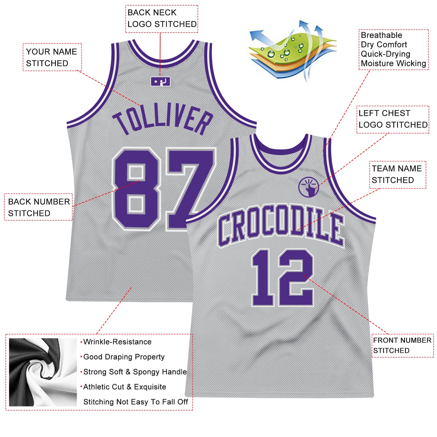 Custom Gray Purple-White Authentic Throwback Basketball Jersey