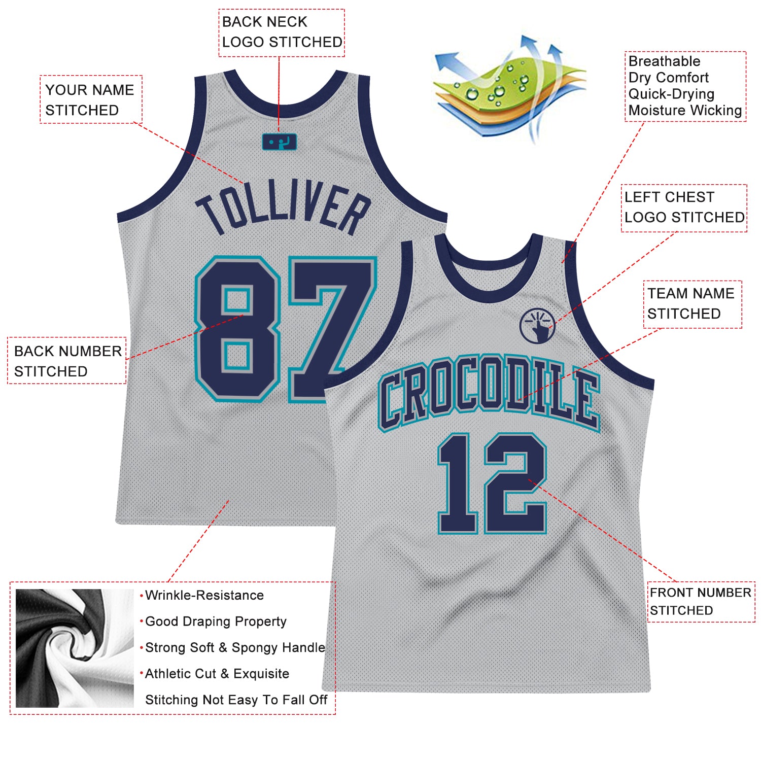 Custom Gray Navy-Teal Authentic Throwback Basketball Jersey