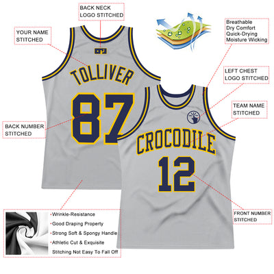 Custom Gray Navy-Gold Authentic Throwback Basketball Jersey