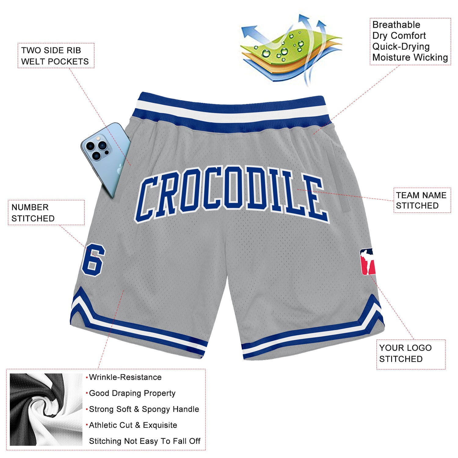 Custom Gray Royal-White Authentic Throwback Basketball Shorts