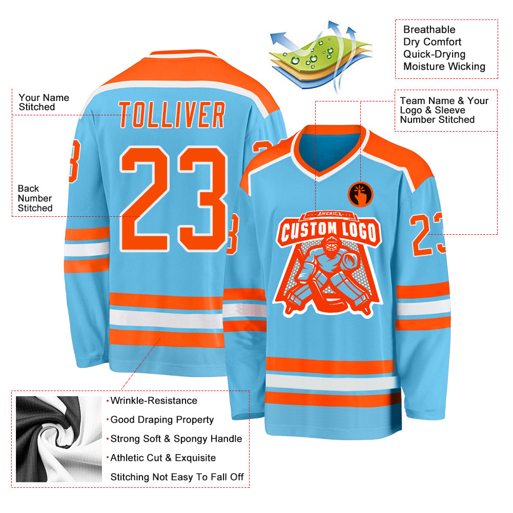 Custom Sky Blue Orange-White Hockey Jersey