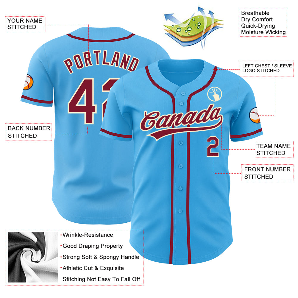 Custom Sky Blue Crimson-Cream Authentic Baseball Jersey