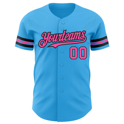 Custom Sky Blue Pink-Black Authentic Baseball Jersey