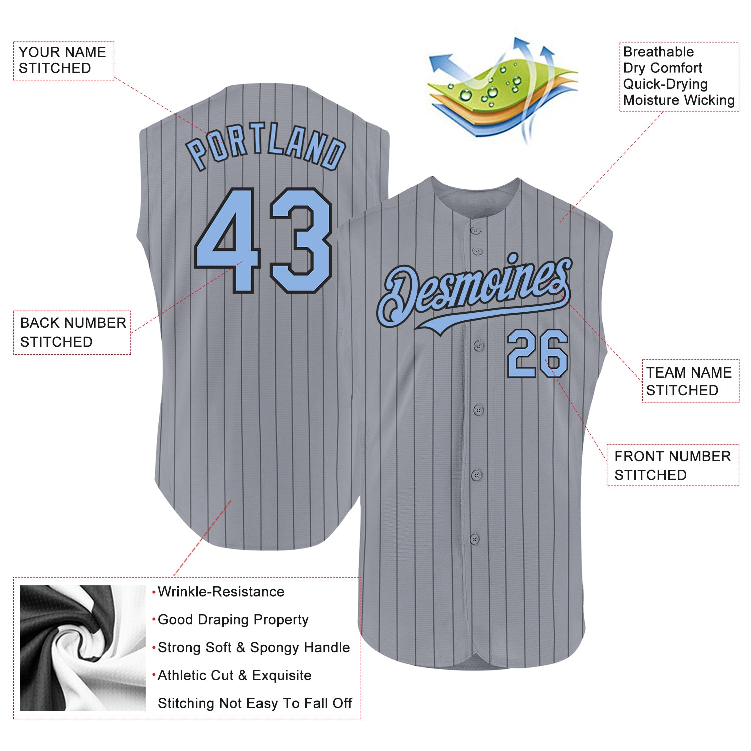 Custom Gray Black Pinstripe Light Blue Authentic Sleeveless Baseball Jersey