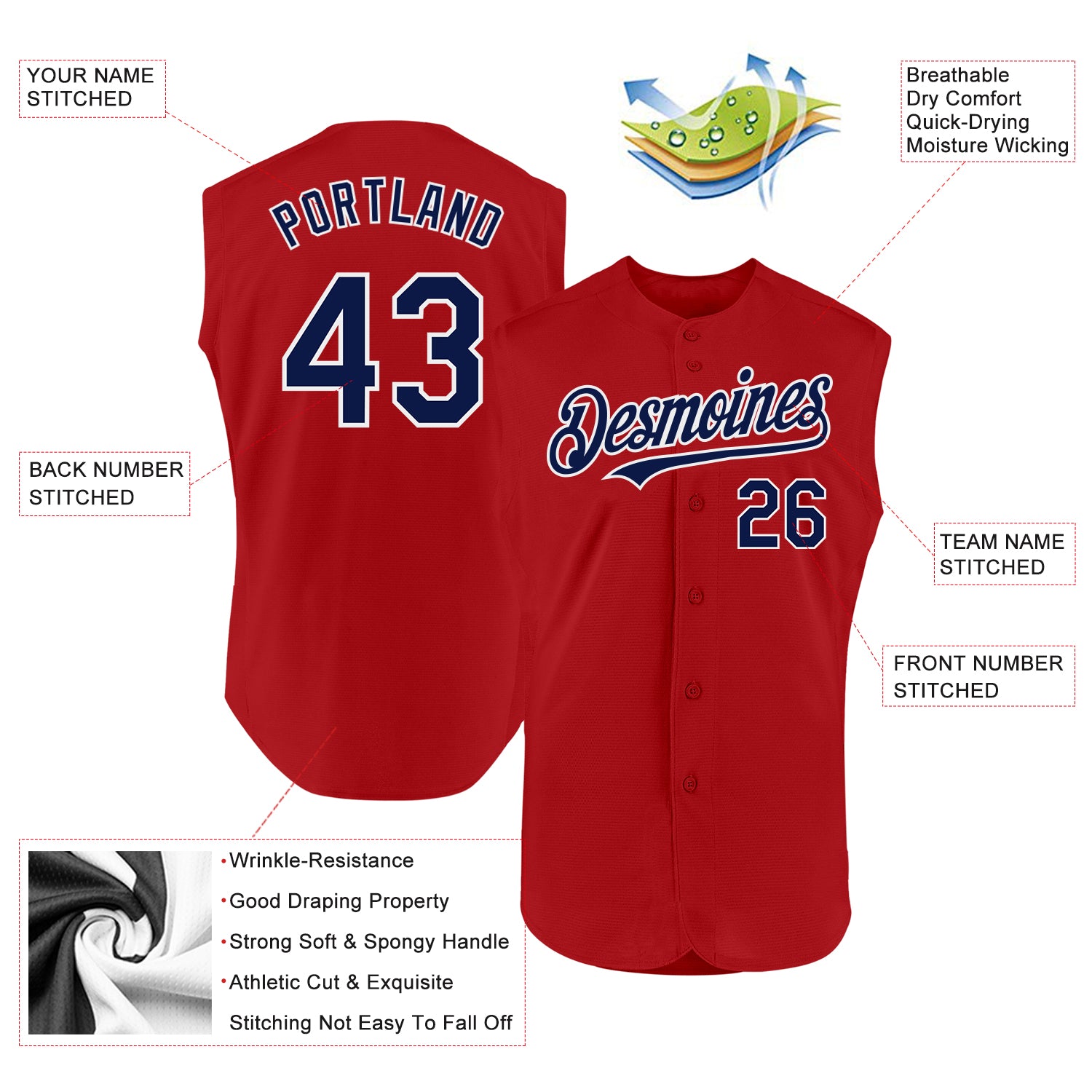 Custom Red Navy-White Authentic Sleeveless Baseball Jersey