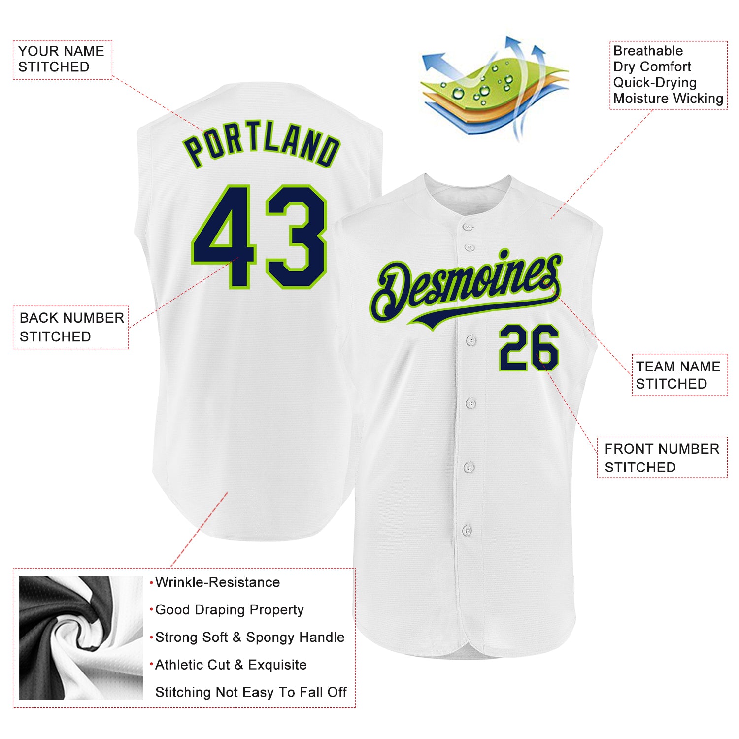 Custom White Navy-Neon Green Authentic Sleeveless Baseball Jersey