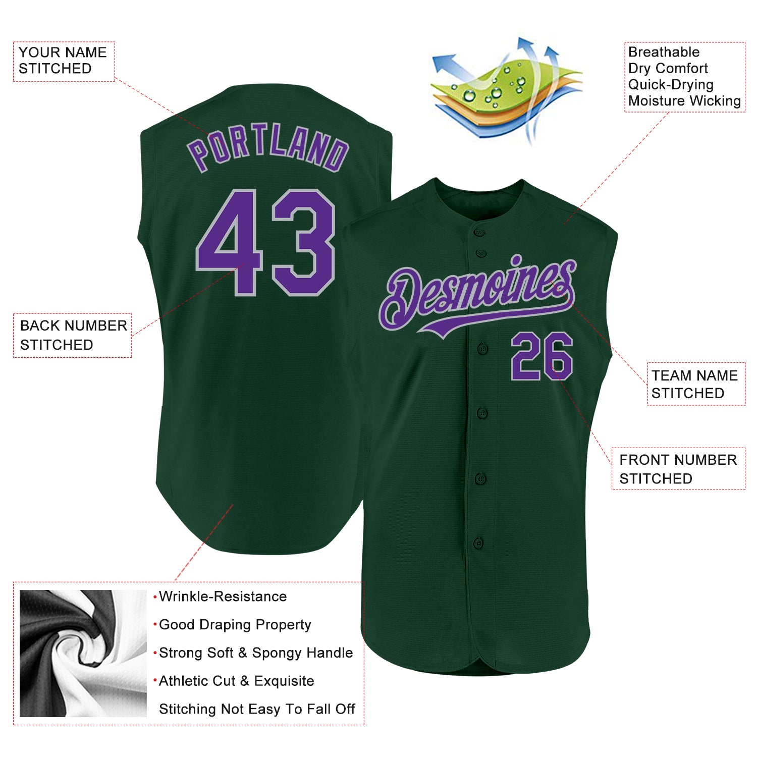 Custom Green Purple-Gray Authentic Sleeveless Baseball Jersey